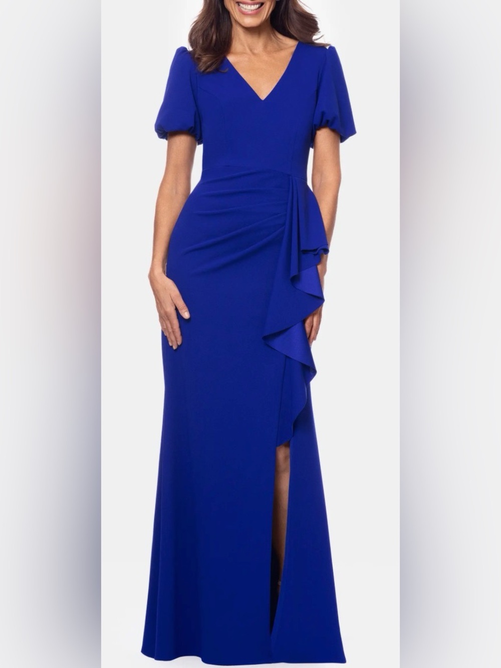 XSCAPE Ruffles Scuba Crepe Floor Length Short Sleeve Gown. Size 4.